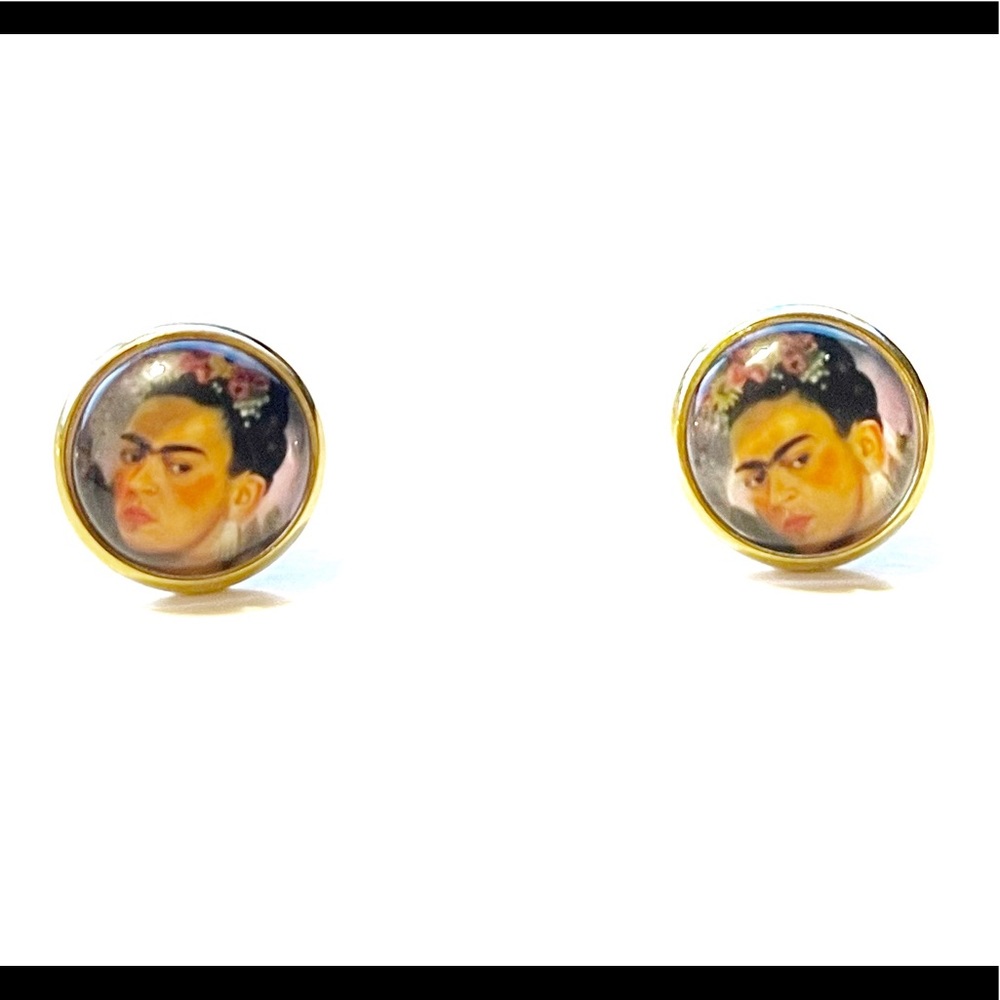 Frida Kahlo button earrings, glass face, NWT 12mm